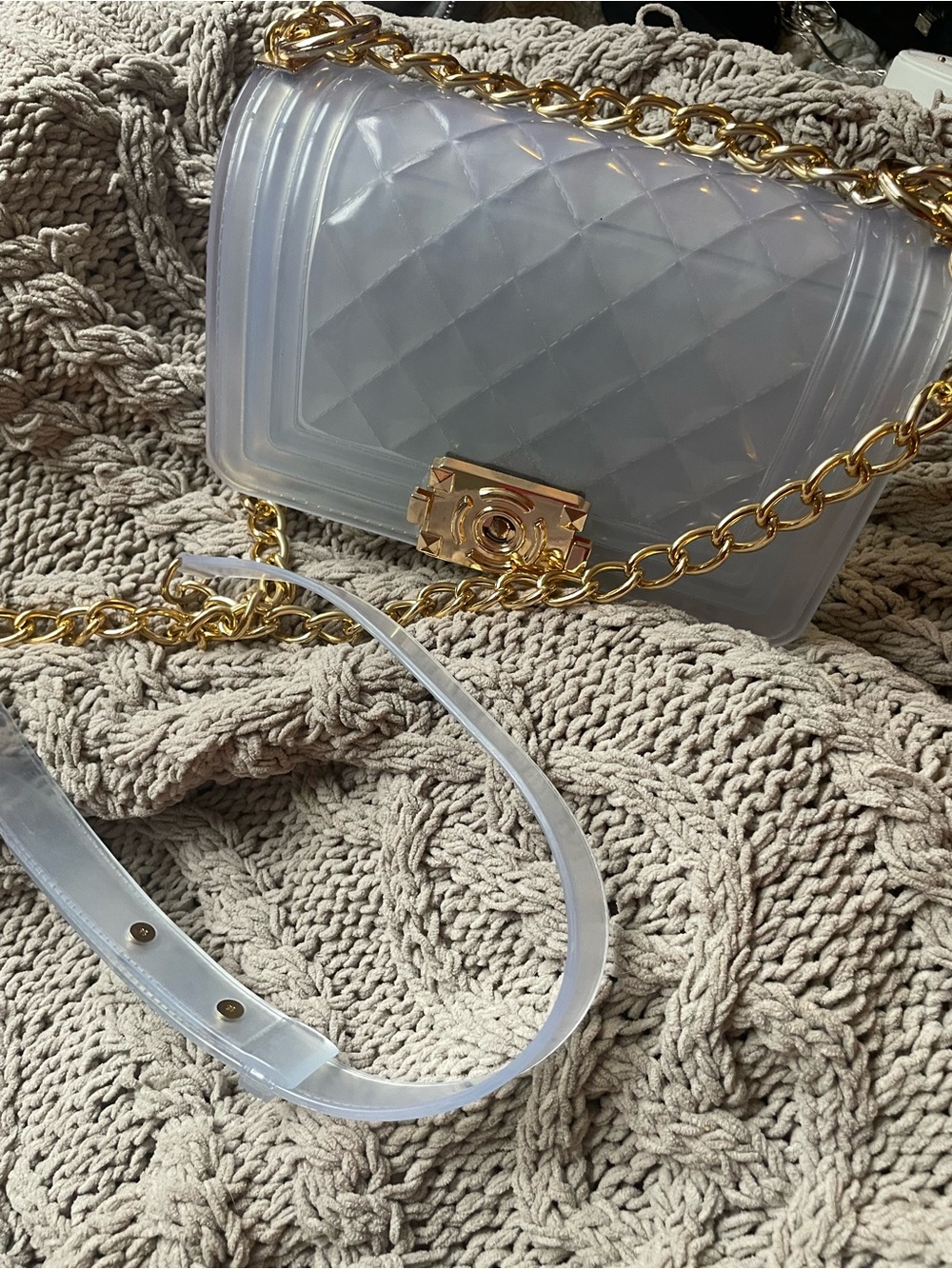 PVC Shear Jelly 2-Way Boy Bag with Gold Chain - Clear with Sight Bluish Tint